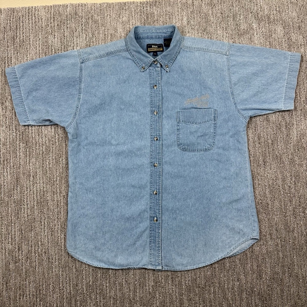 VTG Corvette Denim Shirt Womens XL Blue Chambray SS Button Up Embroidered Logo